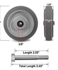 5 inch heavy duty thermoplastic rubber caster wheel with 3/8 inch bore, shown with bolt dimensions for shop carts.