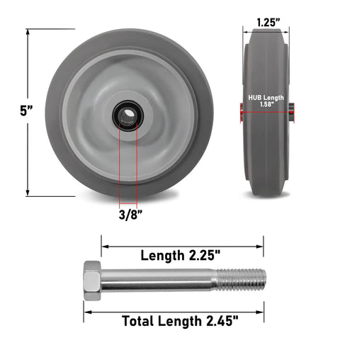 5 inch heavy duty thermoplastic rubber caster wheel with 3/8 inch bore, shown with bolt dimensions for shop carts.