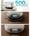 Close-up of Pet Hair Slaying Slim Robotic Vacuum showing 500ml dust box, ultra-long battery life, and brushless fan.