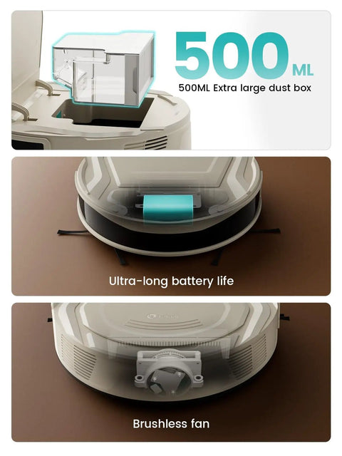 Close-up of Pet Hair Slaying Slim Robotic Vacuum showing 500ml dust box, ultra-long battery life, and brushless fan.