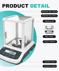 Digital lab scale with front and rear display, glass windshield, RS-232 interface, and weighing pan visible
