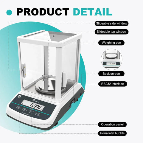 Digital lab scale with front and rear display, glass windshield, RS-232 interface, and weighing pan visible