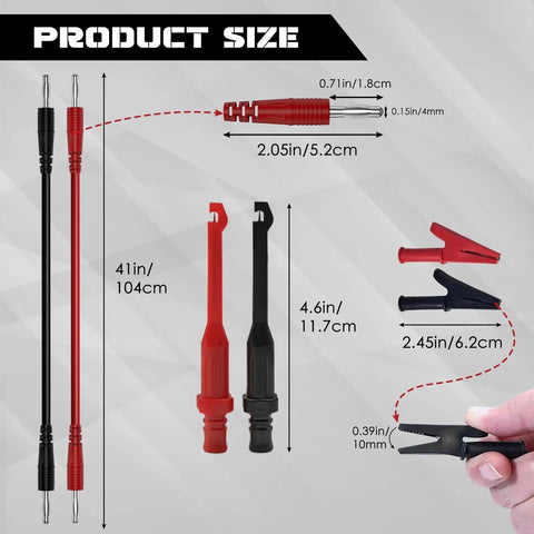 Six Piece Multimeter Test Leads Kit With 4Mm Banana Plug Leads Insulated Alligator Clips Back Probes And Piercing Probes For Auto Diagnostics Built Tough For Quick Electrical Testing with size dimensions.