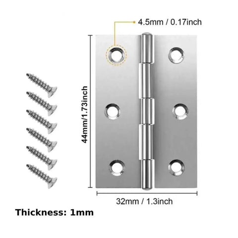 Beefy Stainless Steel Rotating Concealed Door Hinges Kit 6 Pcs Cabinet Butt Folding Hinge Set with screws, 44x32mm dimensions.