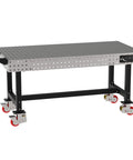 Boss Grade Heavy Duty Welding Fixture Table With Precision Laser Cut Hole Grid And Sweet Rolling Non Marking Casters 72 By 36 By 36 Inch mobile shop bench with steel frame.