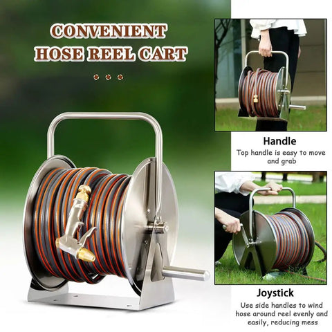 Heavy Duty Wheeled Garden Hose Reel Cart With Stainless Steel Build And Easy Roll Wheels For Yard Hose Storage, showcasing durable design and functionality.