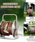 Heavy Duty Stainless Steel Garden Hose Reel Cart Set With Forty Meter Outdoor Water Hose Rolls Straight, showing easy top handle.