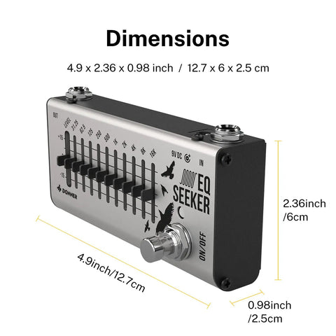 Compact 10 Band Graphic EQ Pedal For Guitar And Bass True Bypass Design showcasing precise dimensions and smooth tone tweaking.