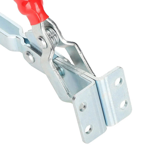 Close-up of Toggle Clamp Arrow Storage Case Fixture Clip for Woodworking and Welding, Heavy Duty Iron Plastic Clamping Tool.