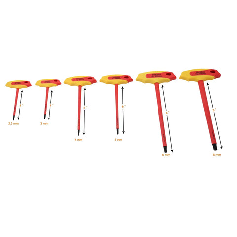 Six Piece Insulated Metric T-Handle Hex Key Set For Electrical Work, 10,000V AC Tested, Go-To Pro Grade Hex Keys In Red And Yellow Handles