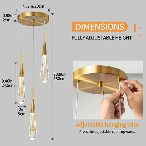 Gold Brushed Brass 3 Light Teardrop Crystal Pendant Ceiling Light For Kitchen Island Bedroom Hallway And Entryway Dimmable LED