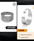 Two stainless steel pie-cut rings; left dull unfinished, right polished, side-by-side exhaust comparison.