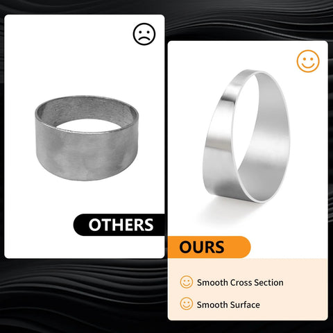Two stainless steel pie-cut rings; left dull unfinished, right polished, side-by-side exhaust comparison.