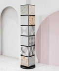 Heavy Duty Floor Tile Display Stand Made From Solid Steel For Ceramic And Marble Samples Pro Shop Rack showing rotating design with tile samples.