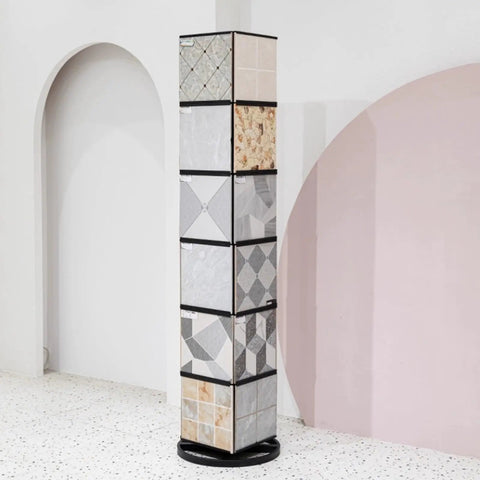 Heavy Duty Floor Tile Display Stand Made From Solid Steel For Ceramic And Marble Samples Pro Shop Rack showing rotating design with tile samples.