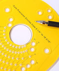Top Shelf Circle Cutting Jig For Plunge Routers featuring measurement details on bright yellow surface for precise circle cutting.