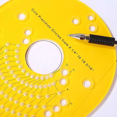 Top Shelf Circle Cutting Jig For Plunge Routers featuring measurement details on bright yellow surface for precise circle cutting.