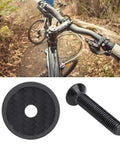 Fresh Carbon Fiber Bike Stem Headset Top Cap Hardware Kit With Hex Bolts, Black Bowl Fork Cover Plate seen with bike handlebars.