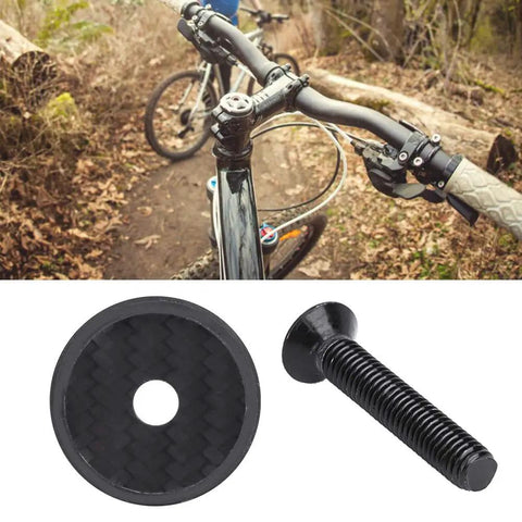 Fresh Carbon Fiber Bike Stem Headset Top Cap Hardware Kit With Hex Bolts, Black Bowl Fork Cover Plate seen with bike handlebars.