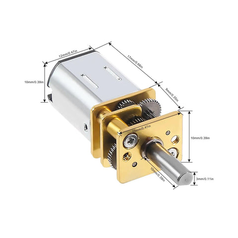 Close-up of Two Pack DC 6V 100RPM N20 Micro Gear Motor with 3mm shaft and full metal gearbox, showing detailed dimensions.