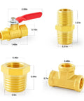 One Quarter Inch NPT Brass Pipe Fitting Kit With Two Ball Valves, Two Hex Bushings, Two Hex Nipples, Two Tees And Air Hose Fitting Thread Adapters Eight Pack For DIY Plumbing And Pneumatic Systems showing ball valve, hex nipple, hex bushing, and tee fitting