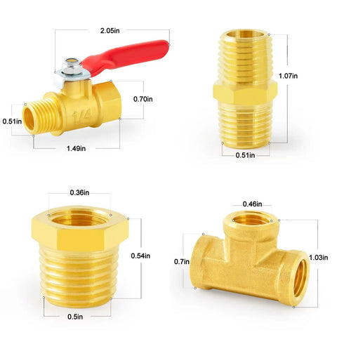 One Quarter Inch NPT Brass Pipe Fitting Kit With Two Ball Valves, Two Hex Bushings, Two Hex Nipples, Two Tees And Air Hose Fitting Thread Adapters Eight Pack For DIY Plumbing And Pneumatic Systems showing ball valve, hex nipple, hex bushing, and tee fitting