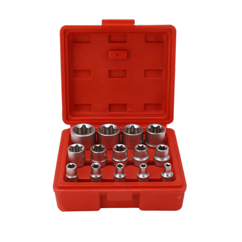 High-Strength E-Type Torx Socket Set Kit with one quarter, three eighths, and one half inch sockets in red plastic storage box