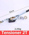 Beefy 2T Hand Winch With 2m Wire Rope Manual Tensioner Ratchet Double Hook Fastener for Car Cargo displayed with dimensions
