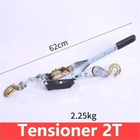 Beefy 2T Hand Winch With 2m Wire Rope Manual Tensioner Ratchet Double Hook Fastener for Car Cargo displayed with dimensions