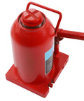 Top view of red Beefy 30 Ton Hydraulic Bottle Jack Low Profile Stubby Lift Tool with welded alloy steel construction and enlarged base.