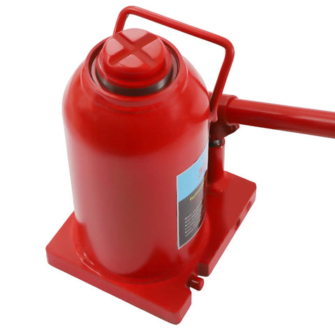 Top view of red Beefy 30 Ton Hydraulic Bottle Jack Low Profile Stubby Lift Tool with welded alloy steel construction and enlarged base.