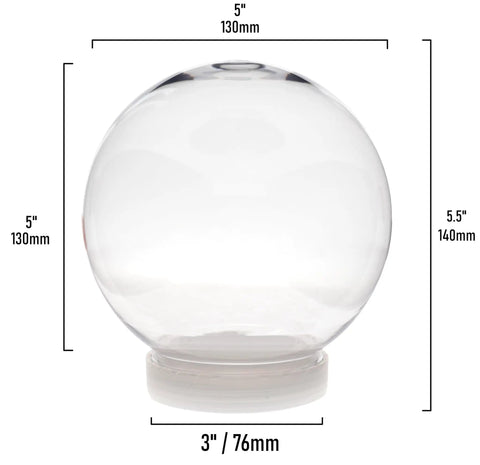 Clear Plastic Diy Snow Globe With Screw Off Cap Super Sturdy And Shatterproof Five Inch Water Dome showing dimensions and sleek design.