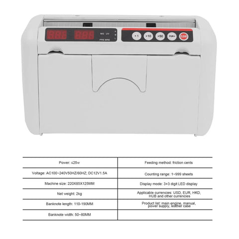 Front view of Portable Money Counter Machine With UV And Magnetic Counterfeit Detection, Rechargeable, 220x85x125mm size