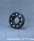 Top Tier Silicon Nitride Full Ceramic Ball Bearings Model 6009 With PTFE Cage And 45X75X16MM Specs showing bearing from side view.