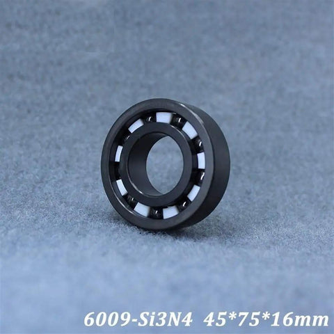 Top Tier Silicon Nitride Full Ceramic Ball Bearings Model 6009 With PTFE Cage And 45X75X16MM Specs showing bearing from side view.