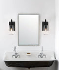 Three Light Vanity Light Fixture In Matte Black With Seeded Glass Shades For Bathroom over mirror, industrial retro style