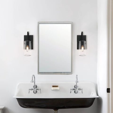 Three Light Vanity Light Fixture In Matte Black With Seeded Glass Shades For Bathroom over mirror, industrial retro style