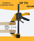 Six Piece Woodworking Bar Clamp Set With Quick Change Button 12 Inch And 6 Inch Nylon F Clamps 150 Lb Load Capacity Light Duty For DIY Projects In The Shop One Handed Spreader Bar Clamps with 12-inch clamp and 150 lb grip on wood
