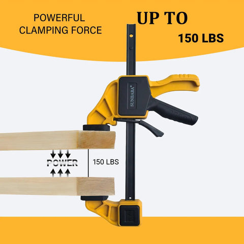 Six Piece Woodworking Bar Clamp Set With Quick Change Button 12 Inch And 6 Inch Nylon F Clamps 150 Lb Load Capacity Light Duty For DIY Projects In The Shop One Handed Spreader Bar Clamps with 12-inch clamp and 150 lb grip on wood