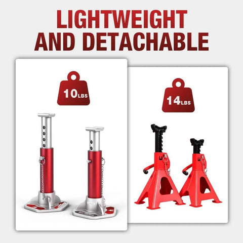 3 Ton Aluminum Jack Stands With Locking Pins, Lightweight And Portable, showing two designs with weight details, for Cars, SUVs