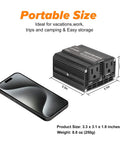 Road Trip Ready 200W Car Power Inverter 12V To 110V AC With 65W PD Type C And 28W QC Fast Charging Ports For Phones Laptops Zero Noise Vehicle Converter Adapter next to smartphone for size reference.