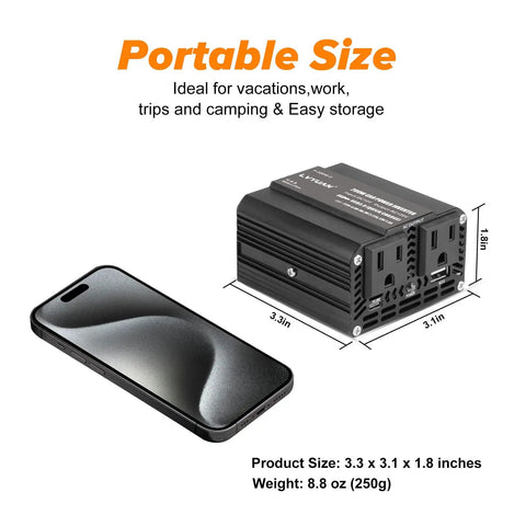 Road Trip Ready 200W Car Power Inverter 12V To 110V AC With 65W PD Type C And 28W QC Fast Charging Ports For Phones Laptops Zero Noise Vehicle Converter Adapter next to smartphone for size reference.