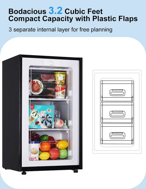 Slick 3.2 Cu Ft Upright Mini Freezer In Silver With No Fuss Design And Rapid Cool Down For Apartments Rv Trailers And Home Bars. Compact unit with three internal layers.