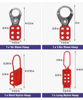 Lockout Tagout Kit For Electrical Safety Must Have With Hasps Clamp On And Universal Breaker Locks, 4 Safety Padlocks, Tags, Nylon Ties, Pocket Bag, Keyed Different, 7131R showing steel and nylon hasps with dimensions.
