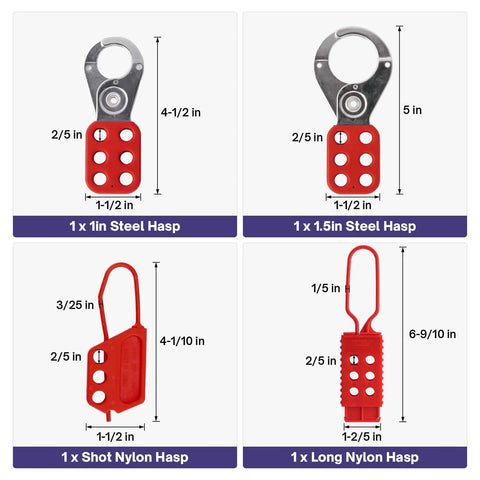 Lockout Tagout Kit For Electrical Safety Must Have With Hasps Clamp On And Universal Breaker Locks, 4 Safety Padlocks, Tags, Nylon Ties, Pocket Bag, Keyed Different, 7131R showing steel and nylon hasps with dimensions.