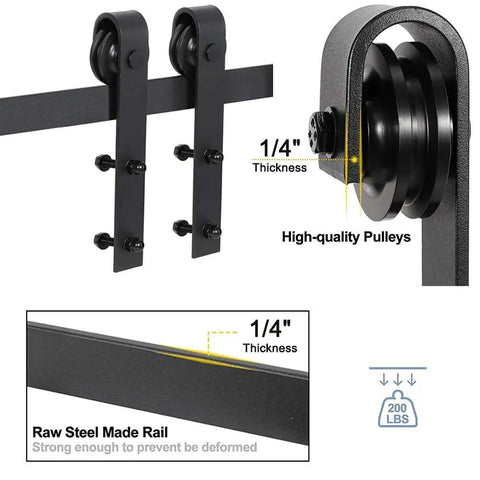 Heavy Duty 8.2 Ft Barn Door Hardware Kit Featuring Slick Matte Black Finish For Smooth As Butter Gliding And Zero Hassle Diy Setup Perfect For Single Door Spaces showing high-quality pulleys and raw steel rail.