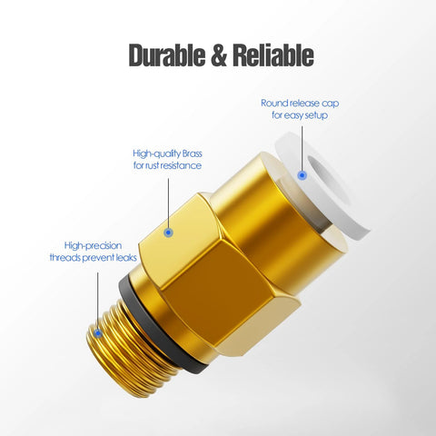Gold brass push-to-connect pneumatic fitting with white cap for Bowden PTFE tube