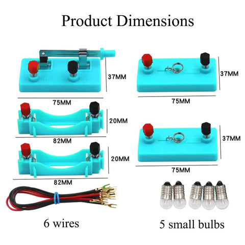 Hands On Kids Electricity Circuit Learning Kit For STEM And Physics Fun with components and size dimensions displayed