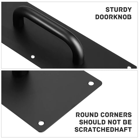 Close-up of Black Stainless Steel Door Handle Pull Plate for Commercial Doors, showing round corners and a sturdy handle.