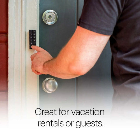 Person using dark gray smart keypad for smart lock, granting guest access with unique key codes via app and Bluetooth.